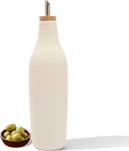 Ceramic Olive Oil Dispenser for Kitchen, Stoneware 16oz Oil and Vinegar Bottles Dispenser, Kitchen Dispenser Bottle for EVOO Vinegar Syrups, Modern Farmhouse Design(W)