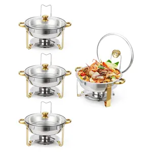 4 Pack 5QT Chafing Dishes Buffet Set, Stainless Steel Round Chafing Dish for Buffet with Lid Holder & Visible Glass Lid, Food Warmer with Food & Water Pans for Party Catering Wedding, Gold