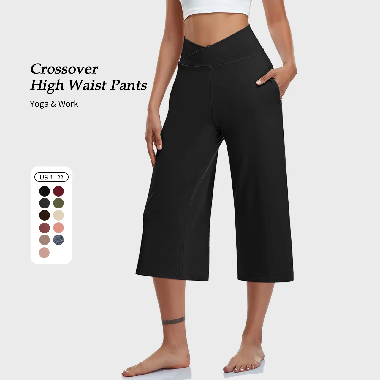 【S-3XL】TARSE Womens Casual Wide Leg Yoga Capris Crossover High Waist Capri Pants Loose Soft Pajama Pockets Sweatpants
