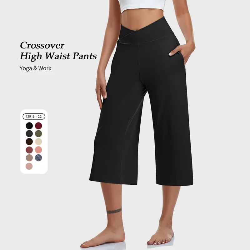 【S-3XL】TARSE Womens Casual Wide Leg Yoga Capris Crossover High Waist Capri Pants Loose Soft Pajama Pockets Sweatpants