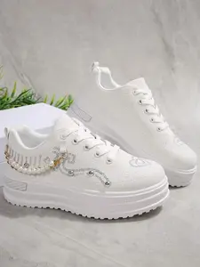 1 Pair Women's Pink Thick Sole Round Toe Cute Comfortable Casual Sneakers, Embroidered Faux Pearl Chain Decor, Size 36-41 (Run Small)