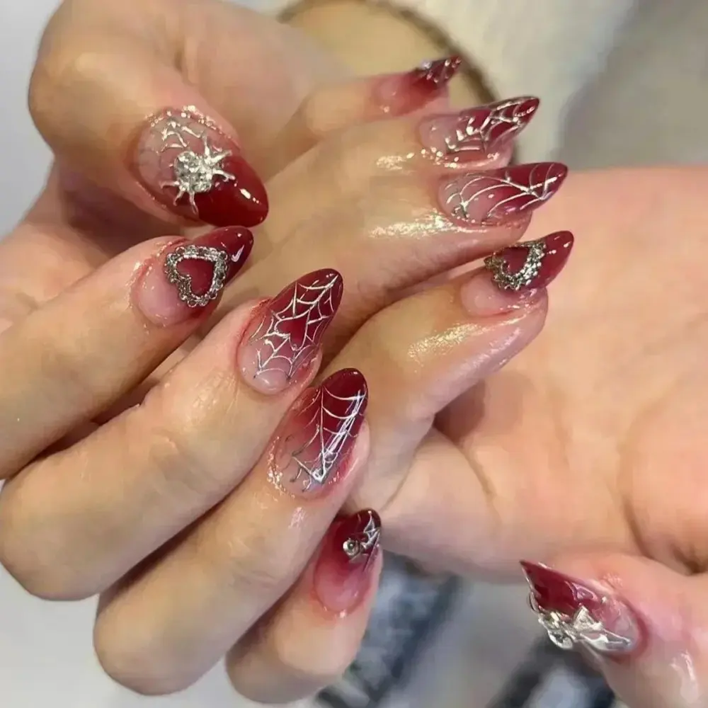 24Pc French Almond Press on Fake Nails Wearable Gradient Red Nails with Glue Simple Stars Design False Nails Full Cover Nail Tip