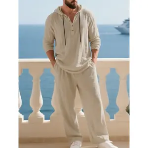 Men's High-Quality Linen Hooded Two-Piece Set, Casual Beach Vacation Style, Loose Fit Breathable Fabric, Long Sleeve Blouse & Wide Leg Pants