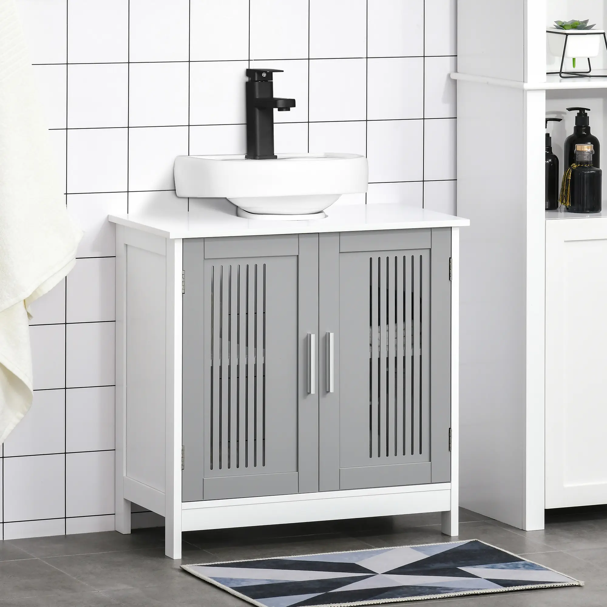 U-Shaped Under Sink Pedestal Cabinet – Fits Open Sinks to Maximize Storage. Adjustable Shelf for Custom Organization. Double Doors Protect from Moisture. Sturdy MDF. Holds 22 lbs. Grey White