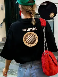 Women Crumbl Cookie Print Oversized T-Shirt, Sweet Casual Style, Soft Breathable Cotton Fabric, Perfect for Daily Outings, Coffee Shop Visits & Friend Hangouts