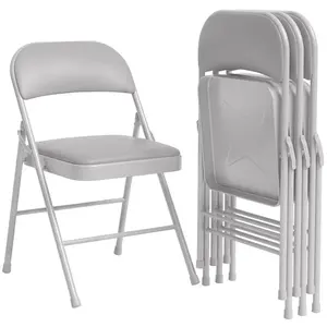 4-Pack Grey Folding Chairs, Foldable Metal Frame with Padded Seat and Back, 350 Lbs Weight Capacity, Commercial Office Home Furniture for Indoor/Outdoor Events, Four-Pack