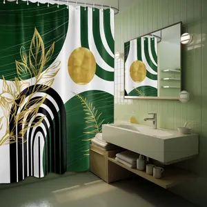Olive Green and Gold Shower Curtain Modern, Boho Mid Century Shower Curtains for Bathroom Decor MCM Minimalist Leaf Simple Bath Curtain Set, Waterproof Fabric, 70x72in
