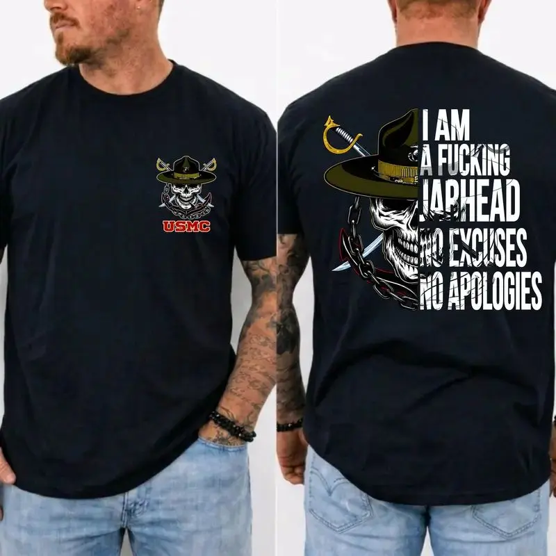USMC Jarhead Skull T-Shirt – No Excuses No Apologies Vintage Marine Graphic Tee