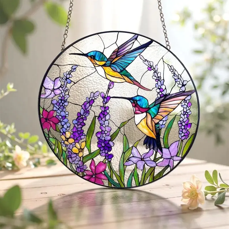 Cottagecore Stained Glass Hummingbird Suncatcher Window Hanging Whimsical Lavender Floral Acrylic Panel with Hanging Chain Perfect Spring Garden Gift for Mom Grandma