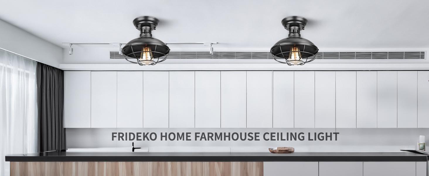 FRIDEKO HOME Farmhouse Flush Mount Ceiling Light Industrial Close to Ceiling Lighting Fixtures, Rustic Vintage Metal Black Ceiling Lamp for Kitchen Island Bedroom Hallway Farmhouse