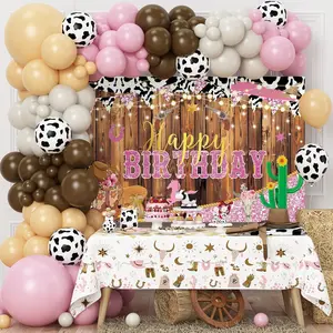 Cowgirl Birthday Party Decor Kit Backdrop Tablecloth Cow Print Balloon Arch for Baby Shower Party