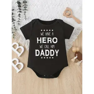 Cute Baby Bodysuit With We Have A Hero We Call Him Daddy Print Soft Versatile Round Neck Button Detail Regular Fit All Seasons Knitted Fabric Onesie For 0-12 Months