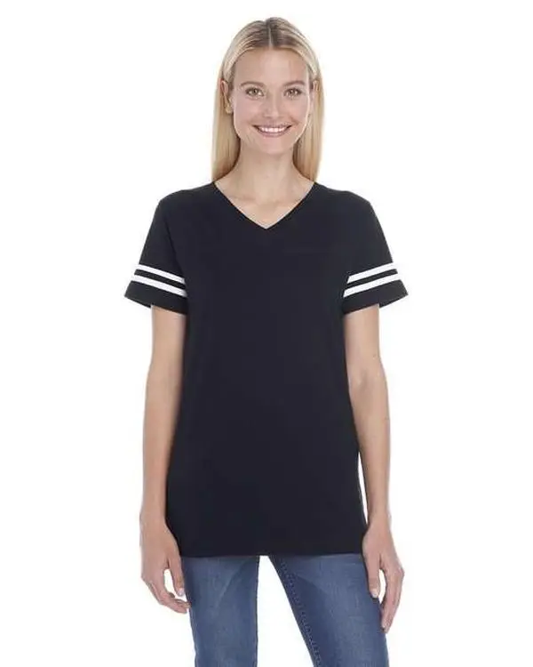 LAT Apparel 3537 Lady's Athletic Short-Sleeve Ribbed Cotton Football V-Neck Fitted Jersey Tee, Breathable, Durable, Casual Wear, Contrast Stripes, All-Day Comfort, Versatile Stylish Design