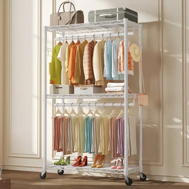 29"/47" Rolling Bathroom Garment Rack with Shelf, Adjustable Metal Shelves & Hooks, Heavy Duty Laundry Stand for Bathroom, Laundry Room, Bedroom, Rust-Resistant, 350lbs