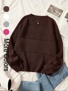 Women's Simple Minimalist Plain Textured Round Neck Sweater, Comfy Clothes for Women, Casual Basic Comfort Drop Shoulder Crewneck Long Sleeve Jumper for Fall, Ladies Knitwear for Fall Daily Wear, Womenswear Top, Knit Pullover Tops