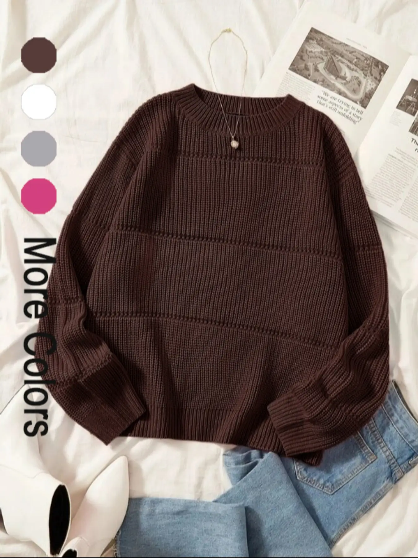 Women's Simple Minimalist Plain Textured Round Neck Sweater, Comfy Clothes for Women, Casual Basic Comfort Drop Shoulder Crewneck Long Sleeve Jumper f