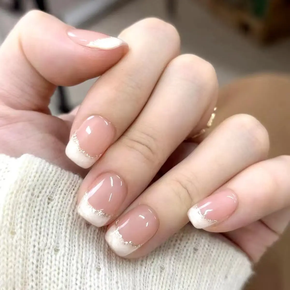 Curvlife short squoval french False Nails glitter milky glossy shiny Easy Apply Nail Art