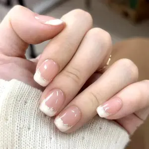 Curvlife short squoval french False Nails glitter milky glossy shiny Easy Apply Nail Art