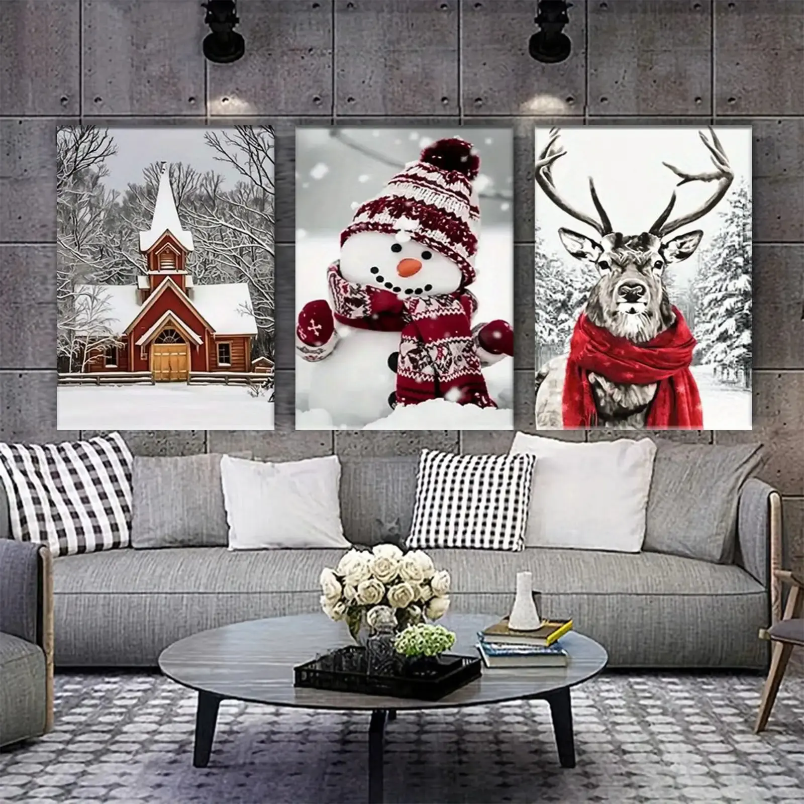 3-Piece Christmas Wall Art Canvas Set - Wooden Framed, UV-Resistant Inks, Fade-Resistant, Non-Toxic, Snowman/Church/Reindeer Designs, Modern Home Decor for Seasonal Home Decoration & Gifting