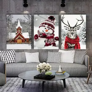 3-Piece Christmas Wall Art Canvas Set - Wooden Framed, UV-Resistant Inks, Fade-Resistant, Non-Toxic, Snowman/Church/Reindeer Designs, Modern Home Decor for Seasonal Home Decoration & Gifting