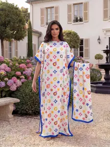 Elegant Geometric Print Robe Set, Matching Long Dress + Headscarf Hairband, Women's Casual Outdoor Beach Sun Protection Satin Silk Wrap