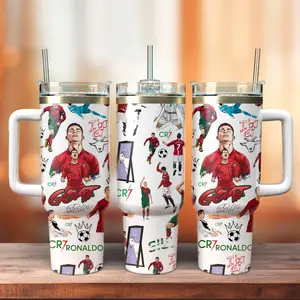 STORMMECH CR 7 Insulated 40oz Double-Wall Vacuum Stainless Steel Beverage Flask Tumbler, Temperature Control Leak-Free Mug with Black Cap & Handle, Straw Lid, 12H Hot/24H Cold Retention, Washable Cartoon Design, Portable Valentine Gift