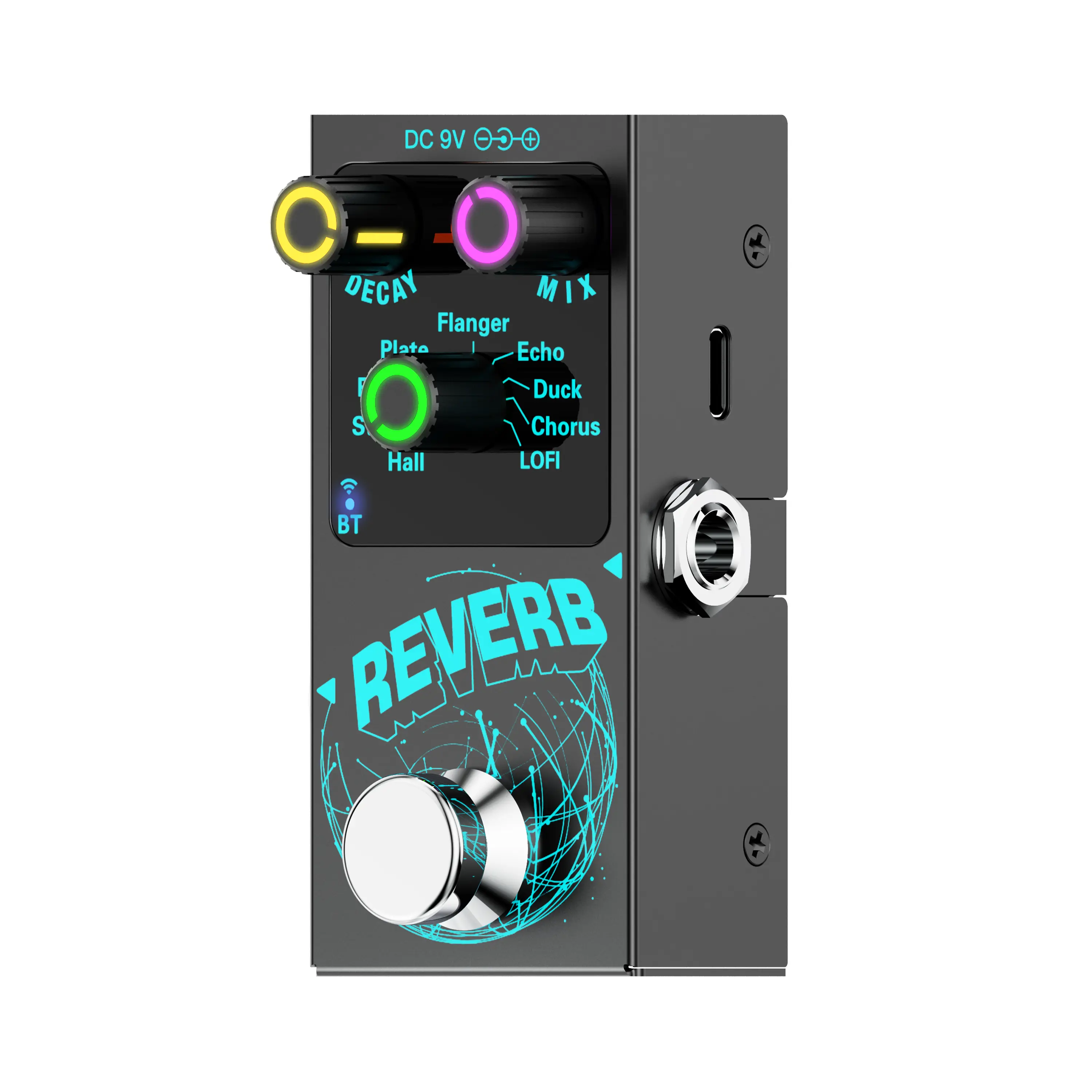 [9-in-1 Reverb Pedal] 9-in-1 Digital Reverb Pedal | Illuminated Knobs, Flanger, Plate, Room, Studio, Hall, Tape Echo, Ducking, Chorus, Low-Fi Effects | Adjustable Decay/Mix, Mushroom Footswitch, Support DC & Type-C Power, Power Supply Not Included