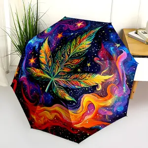 1 PC Automatic Folding Umbrella - Psychedelic Cannabis Leaf Artwork Pattern, Portable & Foldable Design with 8 Ribs, Merry Christmas Pattern,Casual Outdoor Accessory Halloween and Christmas Birthday Gifts. C0079