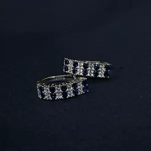Elegant Hoop Earrings for Women - Blue Sapphire Style, Trendy Checkerboard Pattern Huggie Earrings, Sparkling Statement Jewelry Perfect for Daily Wear, Party, Wedding & Anniversary Gift Choice