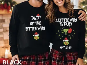 Custom A little who is due Couples Grincmas Pregnancy Announcement Sweatshirt, Christmas Maternity Sweatshirt, Matching Xmas Pregnancy Sweater, Baby Reveal Gift