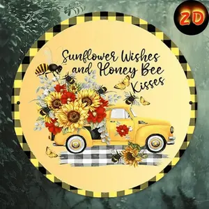 Elegant Round Metal Signage Featuring Sunflower Blessings and Bee Kiss Design Perfect for Home Decor Wall Mount Porch and Window Art