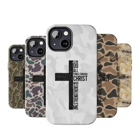 Vintage "I Can Do All Things Through Christ Who Strengthens Me" Camo Smartphone & Cellphone Case - Light Polycarbonate/TPU, Slim Profile, Raised Edges, Softtouch Buttons, Durable Camera-Safe Protection for iPhone 16 Pro Max,15,14 Pro,14,13,12,11,X Plus