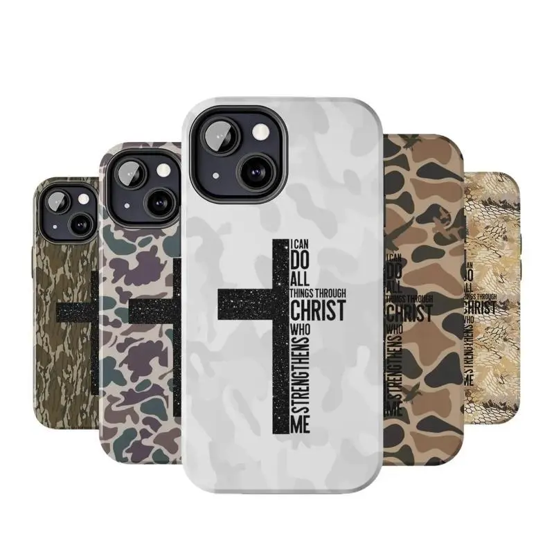 Vintage "I Can Do All Things Through Christ Who Strengthens Me" Camo Smartphone Casing - Durable Handheld Cellphone Cover for iPhone 16 Pro Max,15,14,13,12,11,X Plus Devices - Custom Fit, Accessories