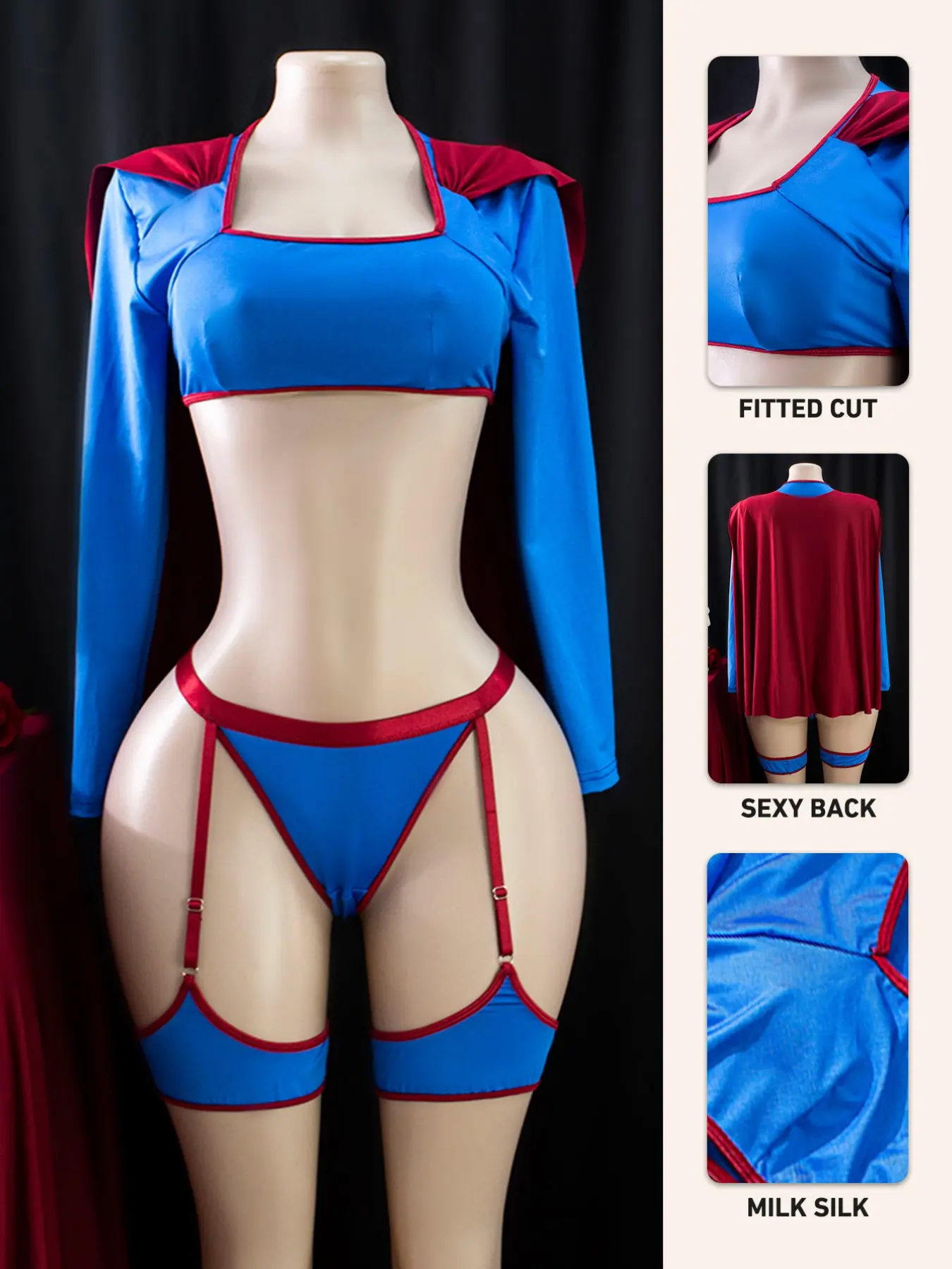 Women's Superman Cosplay Costume Set, Long Sleeve Top, Thong Panties, Cape, Milk Silk Fabric, Comfortable, Perfect for Parties, Valentine's Day Gift