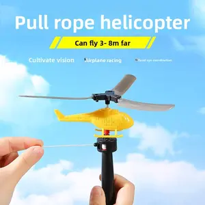 Kids Handheld Pull String Powered Helicopter, Outdoor Bamboo Dragonfly Small Plane Toy