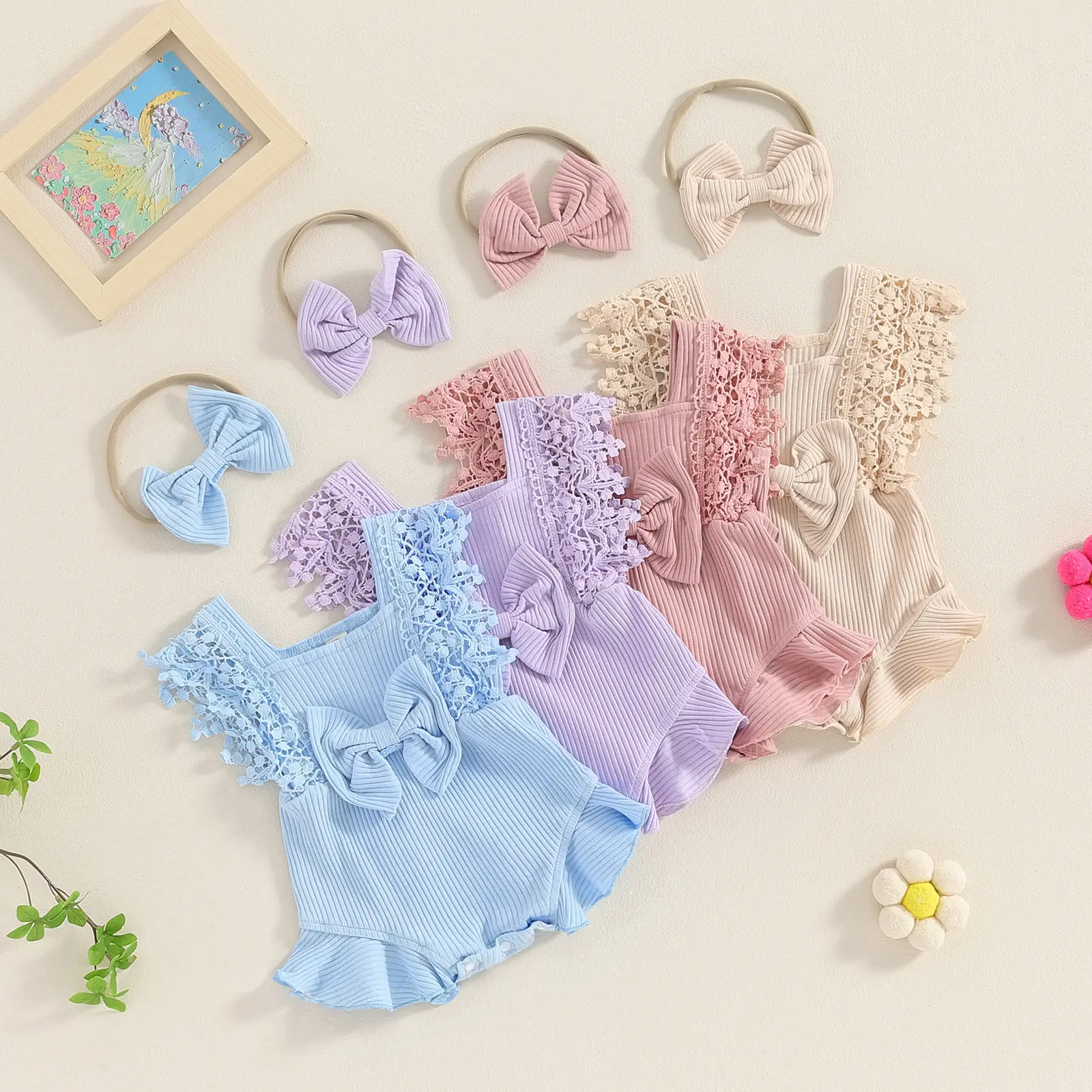 Newborn Infant Baby Girls Romper Lace Sleeve Ruffle Jumpsuit with Headband Summer Clothes