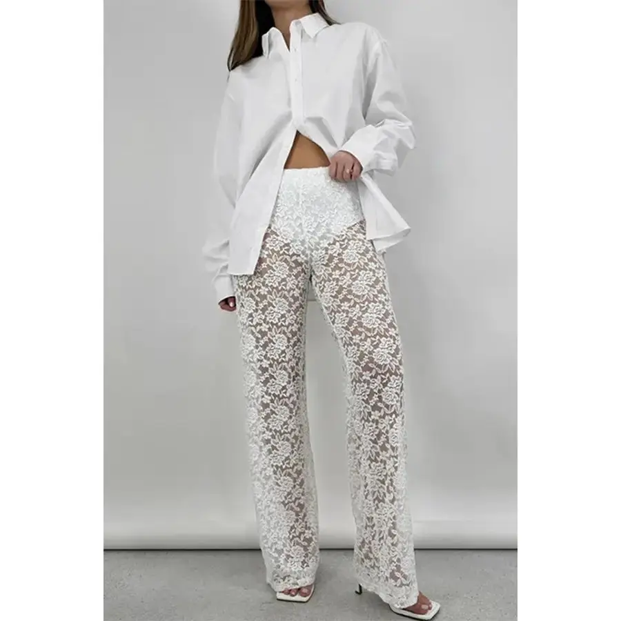 Sexy Lace See Through Straight Pants - White