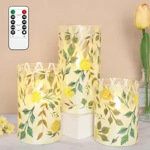 Yellow Glass Flameless Candles with Remote Vintage Floral LED Pillar Candles Battery Operated Timer & Dimmable Candle Light Rustic Farmhouse Decor for Home Bedroom Wedding Table Centerpiece