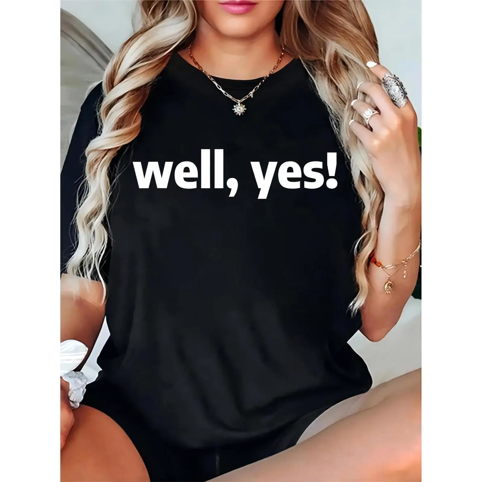 Women's "Well, Yes!" Graphic T-Shirt, Elegant 100% Cotton Shortsleeve Basic Tee for Ladies, Comfortable Feminine Style for Daily Wear, Prints, Fit, Lady, Essential, Round Neck, Simple