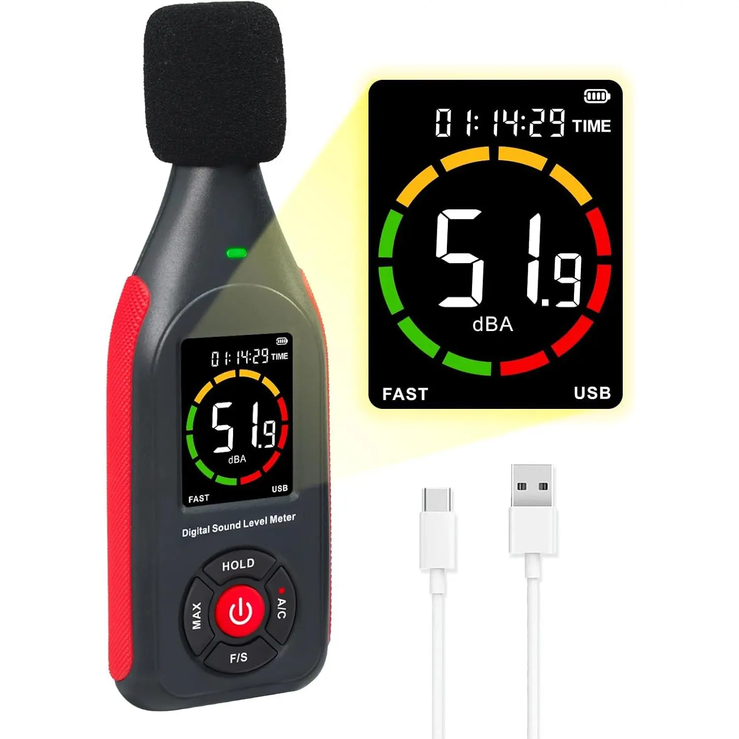 Multifunctional Sound Meter with USB Charging 30dB to 130dB MAX Data ...
