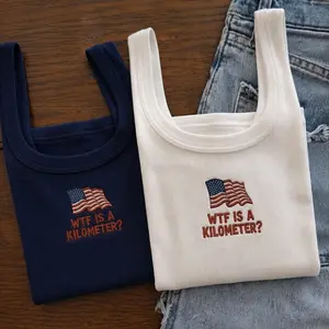 [Made in US] Embroidered "WTF is a Kilometer?" USA Flag Tank Top, Patriotic Tank Top, 4th Of July Top, Americana Independence Tank, Americana BBQ Top