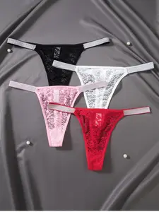 Women's 4-Pack Lace Thong Underwear with Satin Ribbon Bow, Soft Sexy Solid Lace Panties, Daily Wear, Lingerie