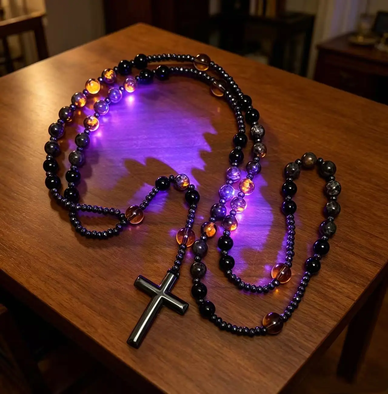 B Natural Obsidian Yooperlite Rosary UV Reactive Protection Hematite Stone Cross Pendant for her, for him necklace Fashionable Collarbone Chain elegant rhinestone gift sparkly Adjustable Heart Rate Couples Set Day woman party Daily Bible Verse daughter