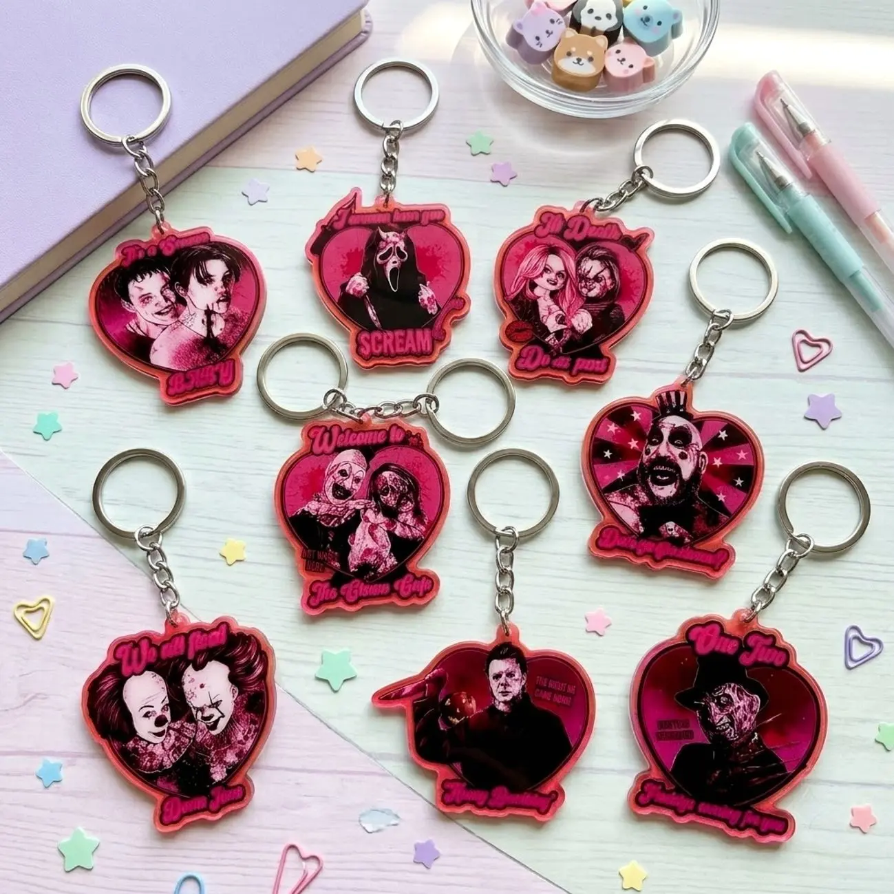 Horror Hearts 3 Inch Acrylic Keychains, Single Sided Spooky Character Charms, Gothic Bag Charms, Halloween Backpack Accessories, Collectible Gift