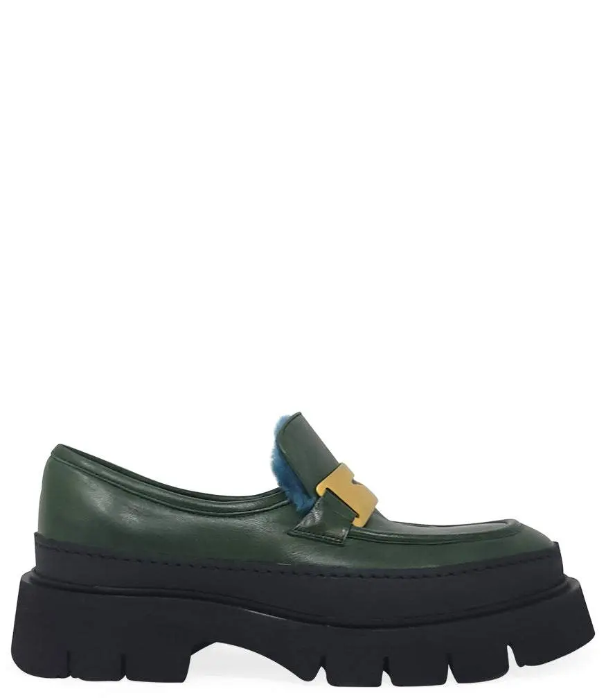 Madison Maison Green Leather Chunky Loafer With Shearling