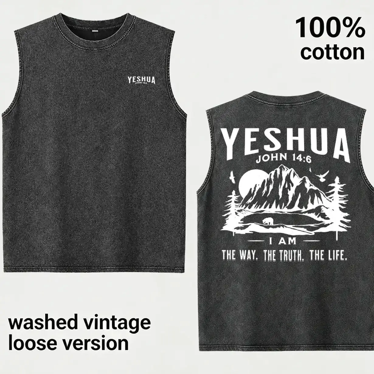 Faith Graphic Sleeveless Tank Top, Vintage Washed 100% Cotton Muscle Vest, Casual Gym Streetwear Tee