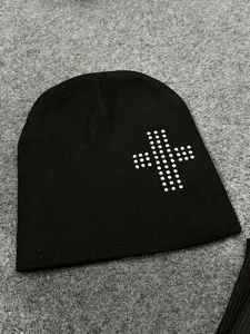 Women's Cross Rhinestone Beanie Hat, Fitted Knit Cap for Fall & Winter, Punk Style Accessory, Warm Y2K Fashion Headwear