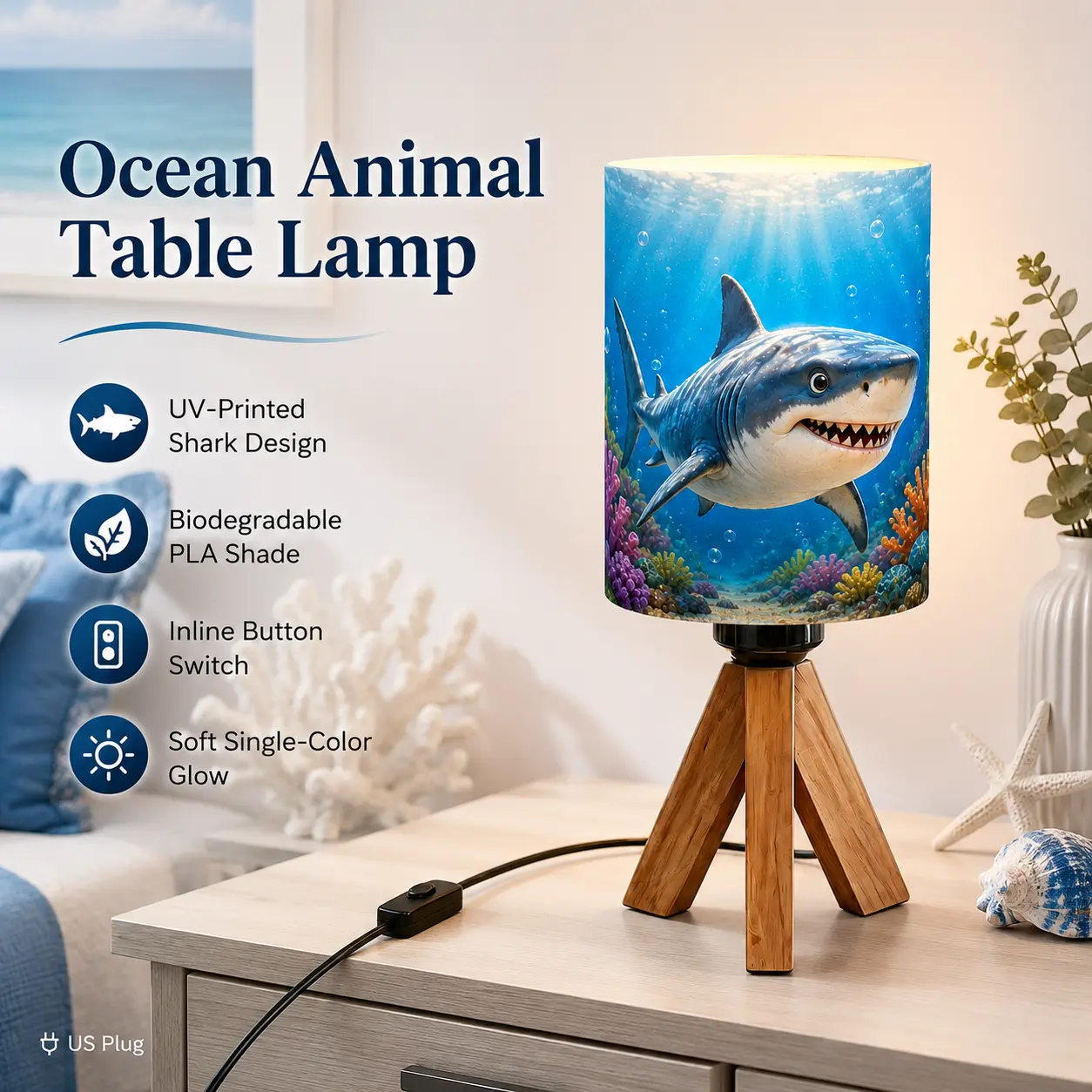 CXTVOVZSSY Ocean Shark UV-Printed PLA Tripod Table Lamp, US Plug In-Line Button Control Solid Wood Leg Desk Lamp, Soft Warm Single Glow Ambient Bedside Lamp, High-End Nautical-Themed Decorative Light for Kids’ Bedroom, Villa, Nursery, Coastal Home, Housew