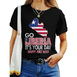 Liberia Independence Day Celebration Women's T-Shirt - "GO LIBERIA" Graphic with American Flag & Map Design, Casual Round Neck, Short Sleeve, Tee - Perfect Mother's Day Gift for Girls