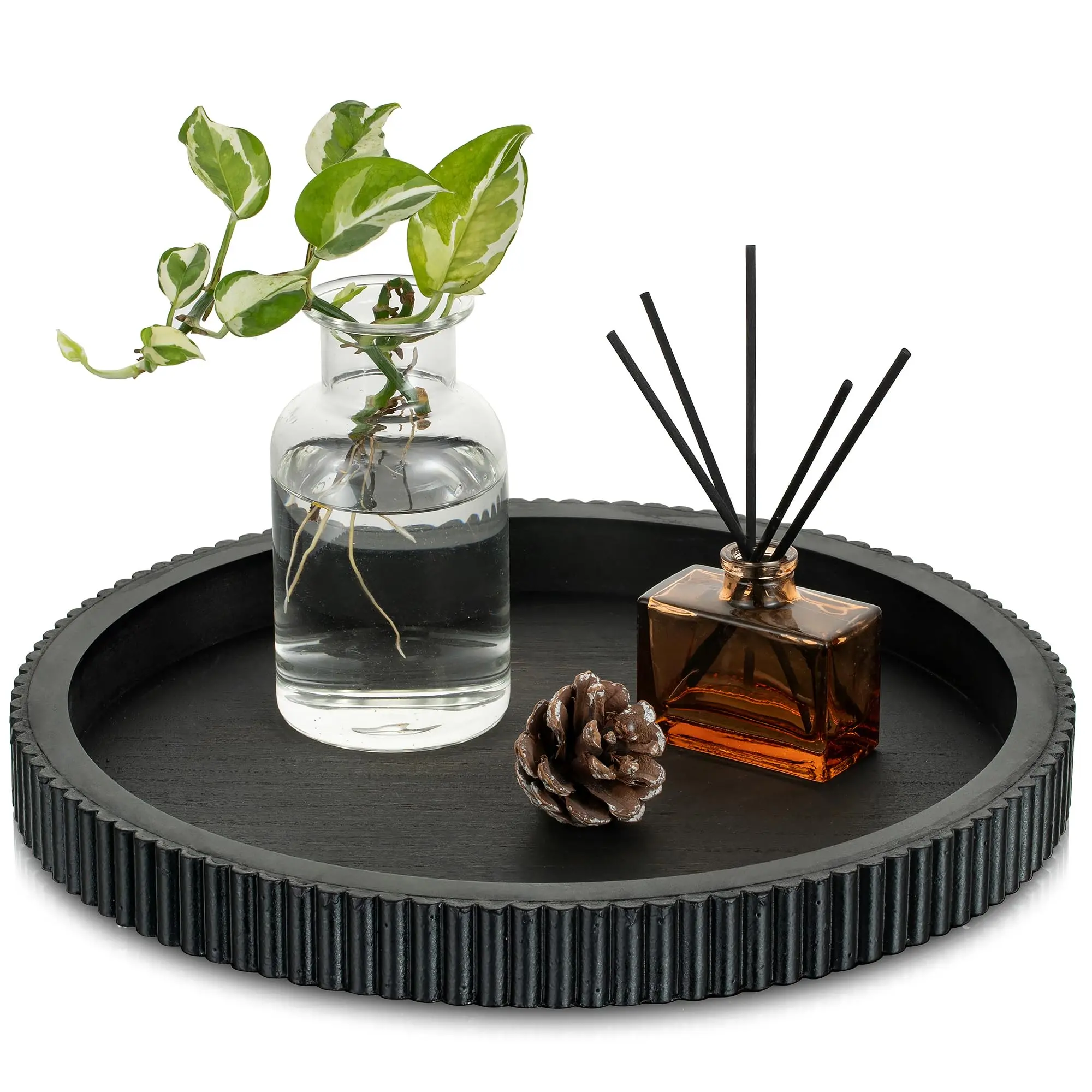 Round Wooden Decorative Tray Modern Black Coffee Table Tray for Candles, Perfume, Jewelry, Coffee Bar, Bathroom Vanity, Kitchen Counter & Home Decor